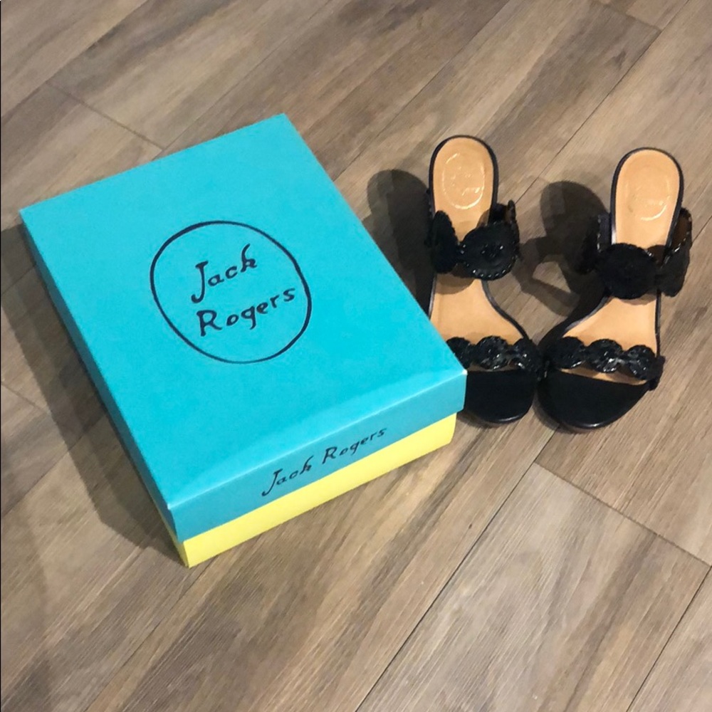 Jack Rogers Luccia black patent wedge sandals.